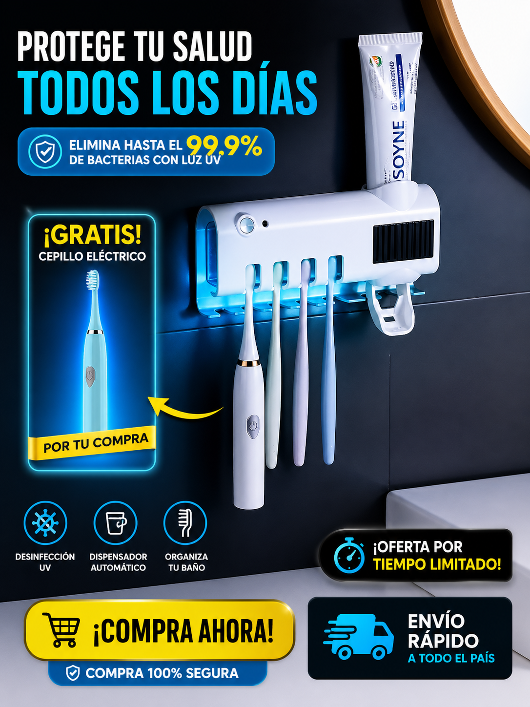 Dile Adiós a las Bacterias Dispensador Inteligente con Luz UV Para Cepillos + Cepillo de Regalo🎁